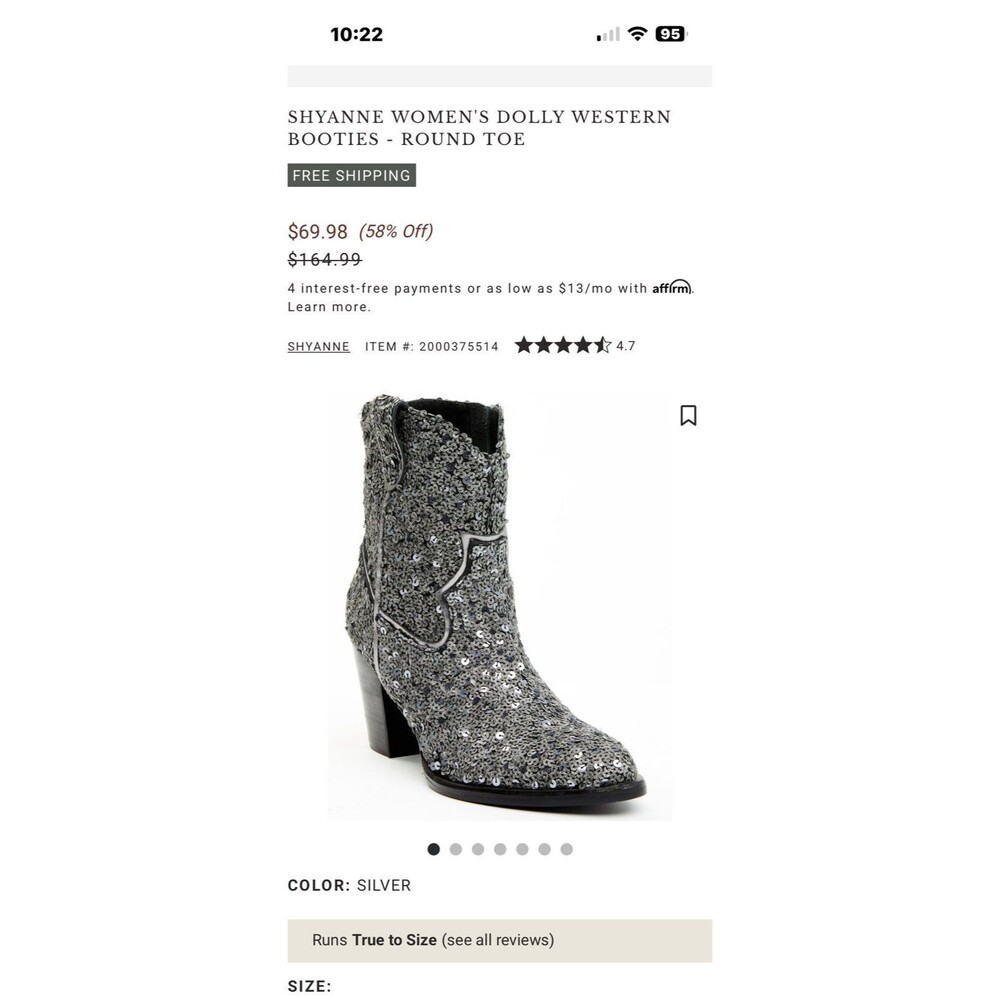 Shyanne Dolly Western Booties Sz. 8.5 New Silver Sequins